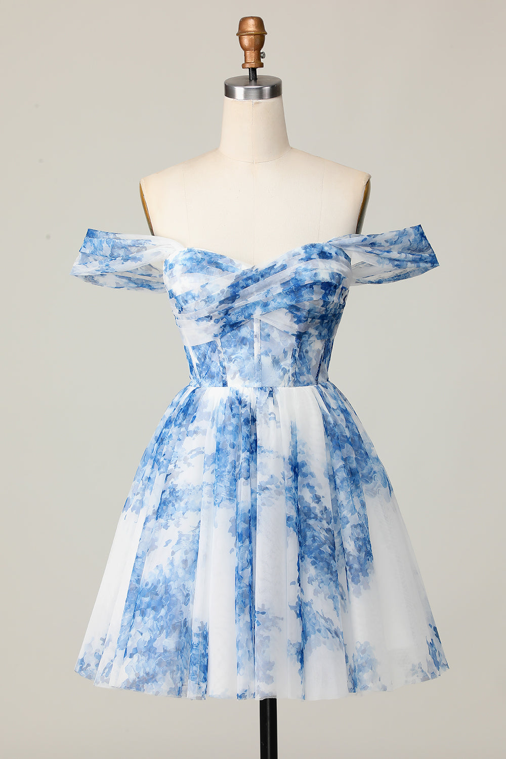 White Blue Floral Corset Pleated A Line Short Homecoming Dress