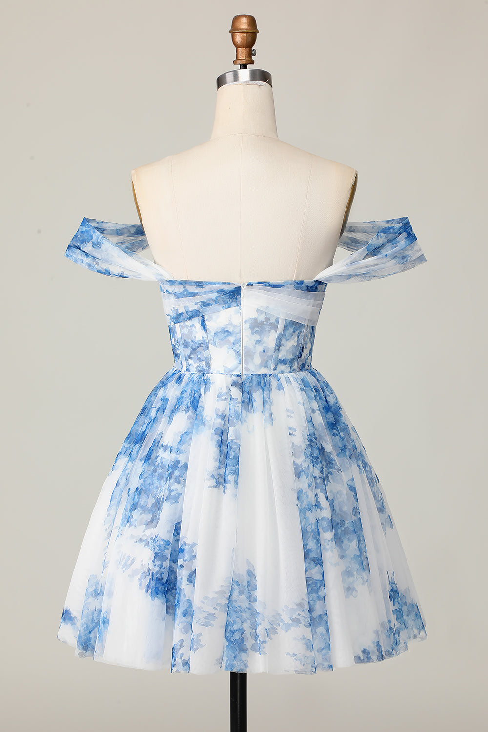 White Blue Floral Corset Pleated A Line Short Homecoming Dress