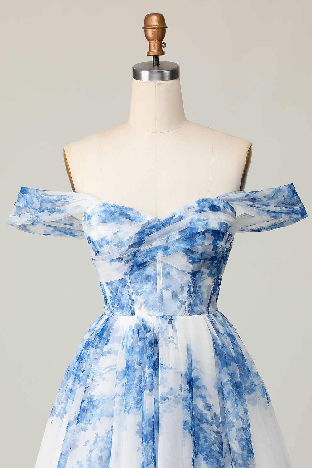 White Blue Floral Corset Pleated A Line Short Homecoming Dress