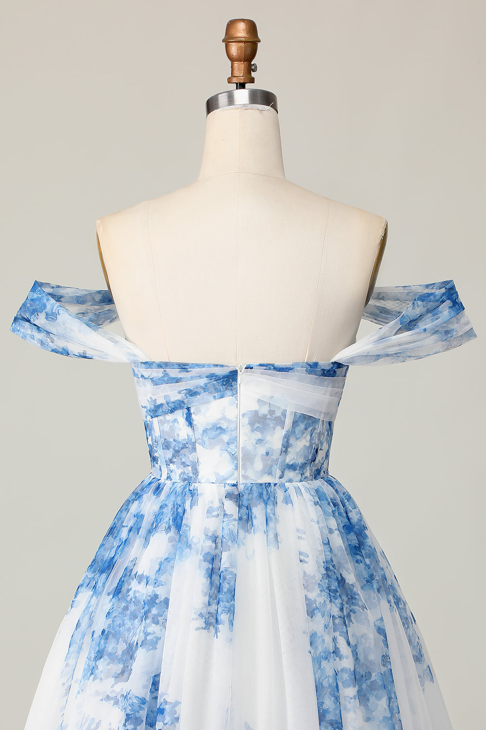 White Blue Floral Corset Pleated A Line Short Homecoming Dress
