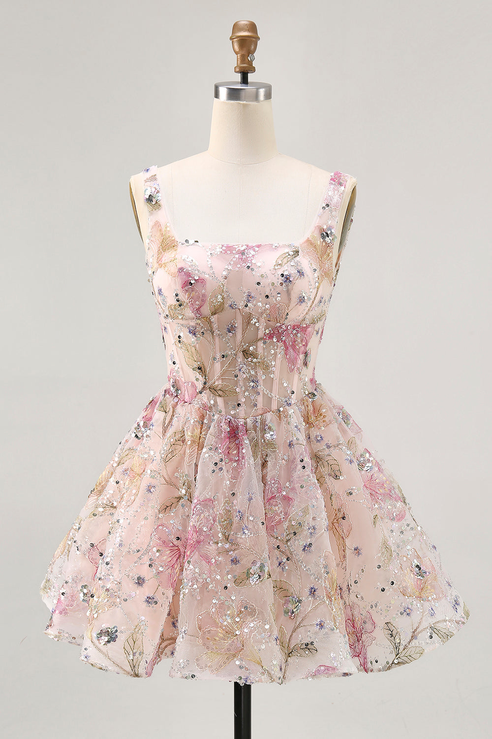 Pink Floral Corset Sparkly Sequins A Line Beaded Short Homecoming Dress