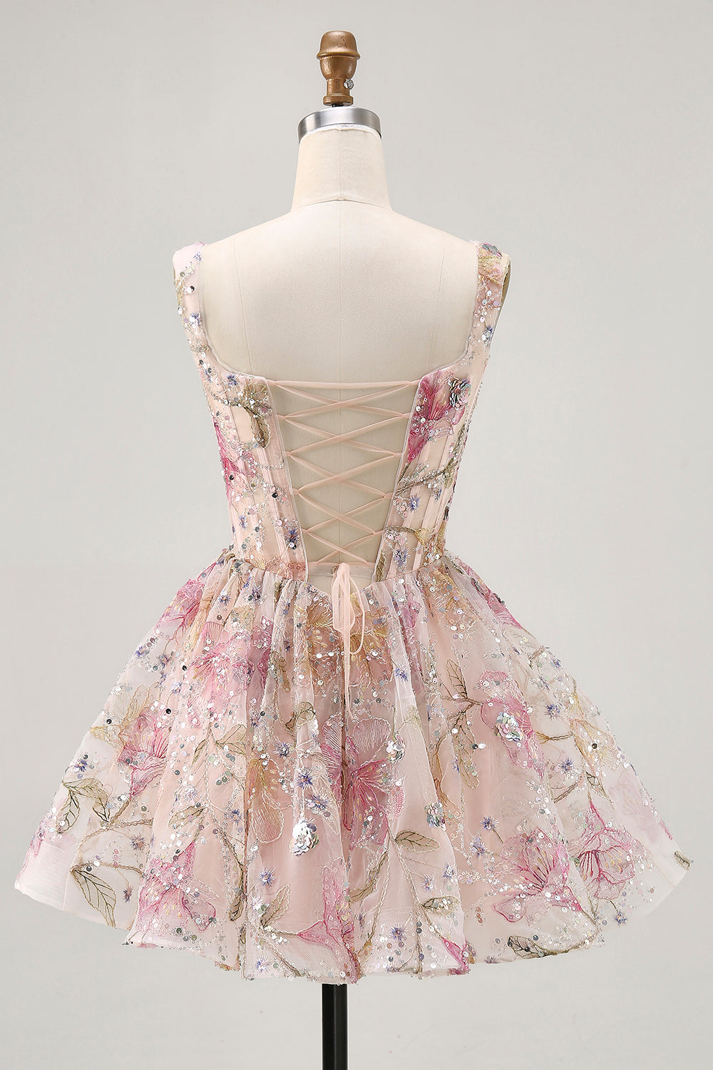 Pink Floral Corset Sparkly Sequins A Line Beaded Short Homecoming Dress