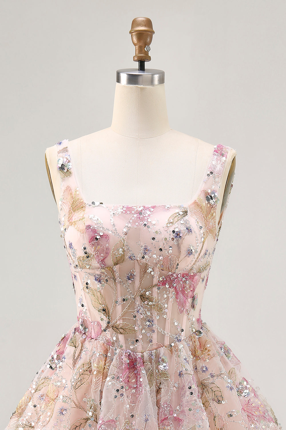 Pink Floral Corset Sparkly Sequins A Line Beaded Short Homecoming Dress