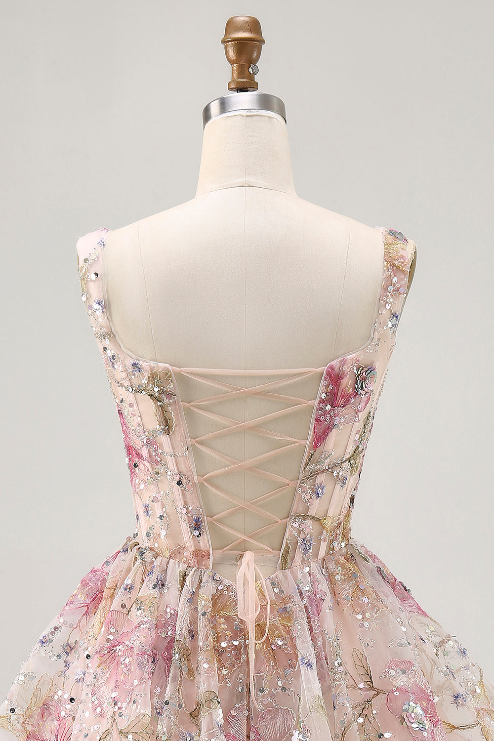 Pink Floral Corset Sparkly Sequins A Line Beaded Short Homecoming Dress