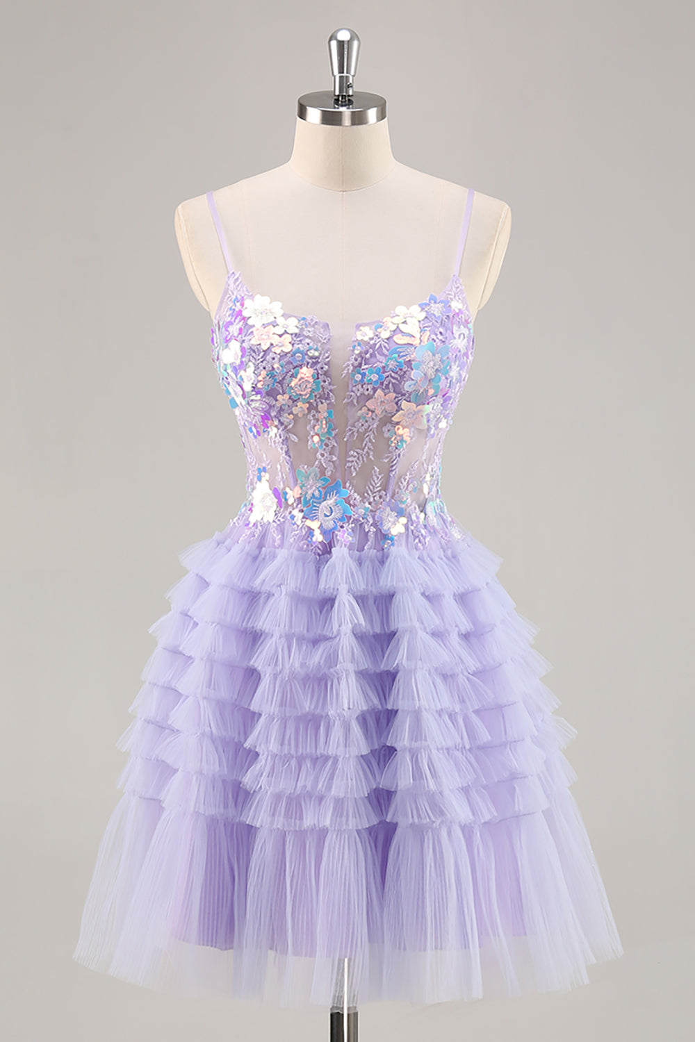 Purple Floral Corset Tiered Short Sparkly Homecoming Dress with Sequins
