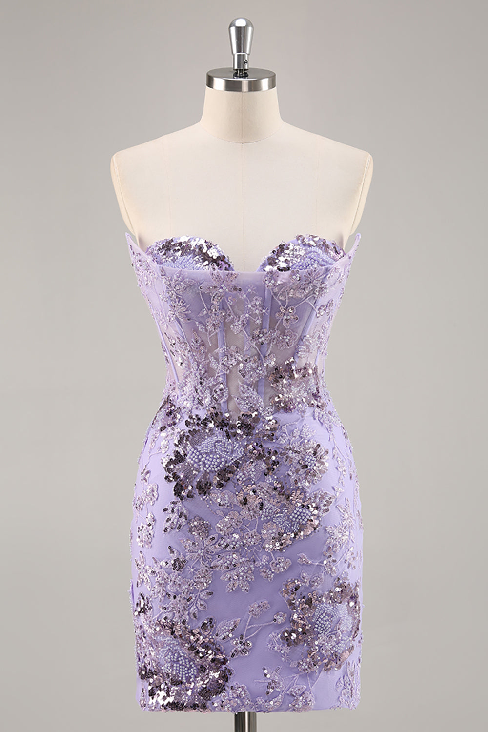 Purple Corset Floral Mini Sparkly Sequined Homecoming Dress with Beading