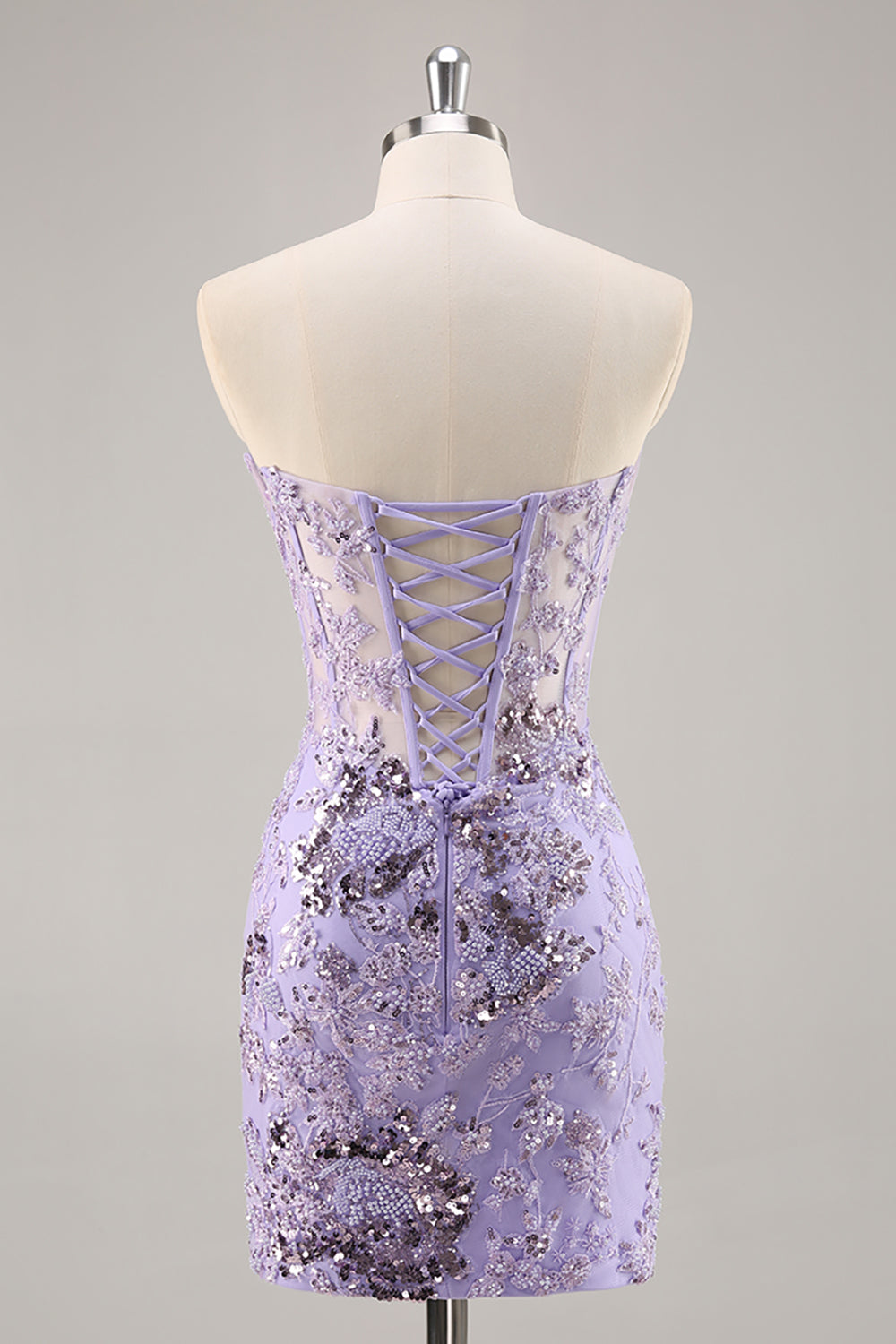 Purple Corset Floral Mini Sparkly Sequined Homecoming Dress with Beading