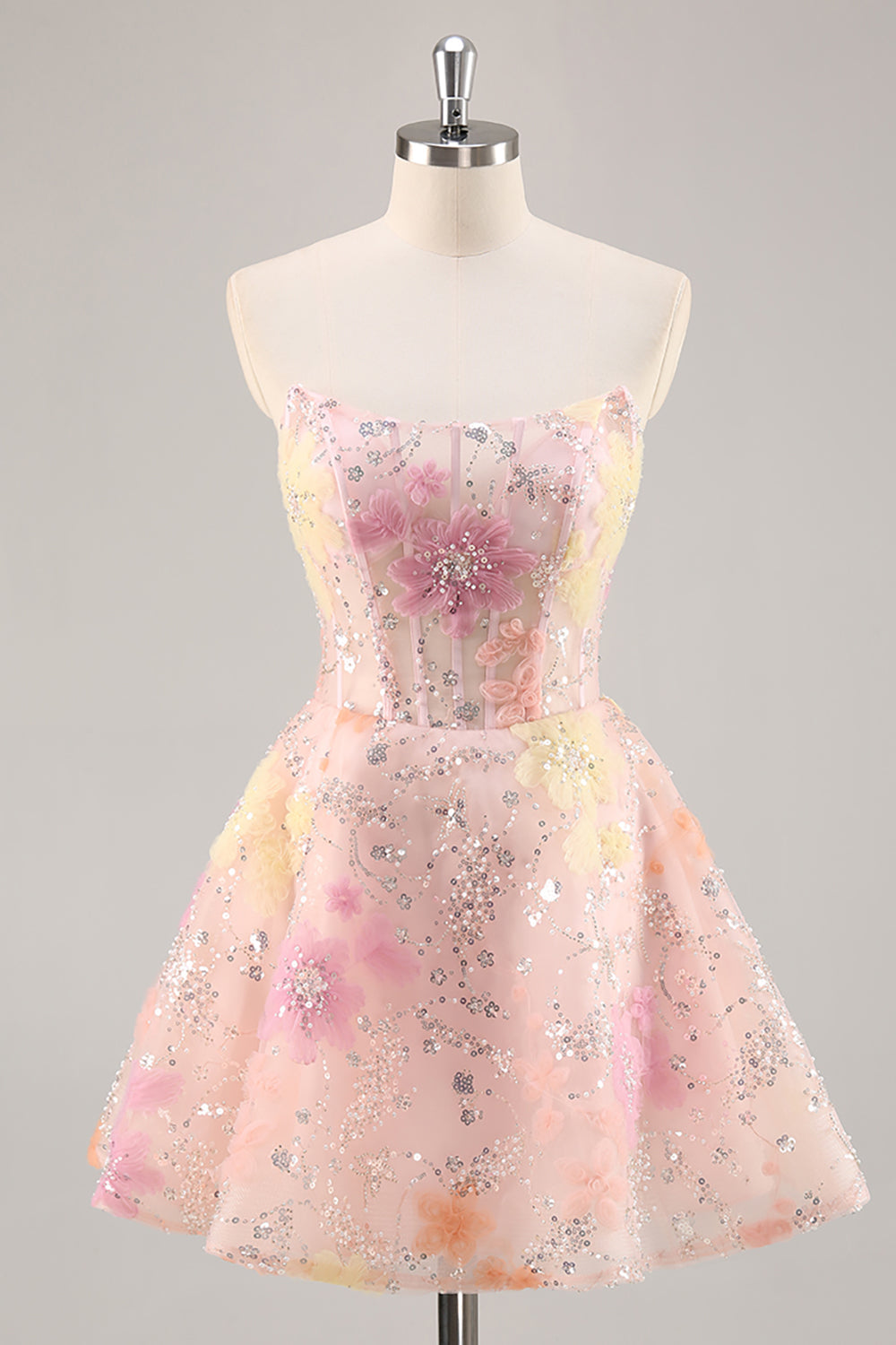 Pink Floral Corset Sequins Short Sparkly Homecoming Dress with Beading