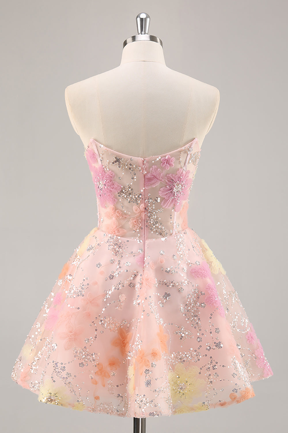 Pink Floral Corset Sequins Short Sparkly Homecoming Dress with Beading