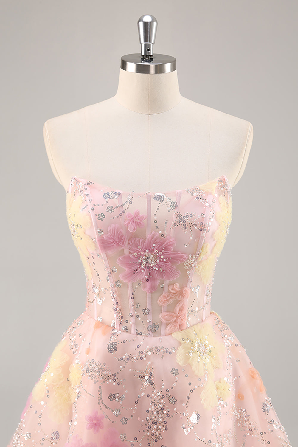 Pink Floral Corset Sequins Short Sparkly Homecoming Dress with Beading