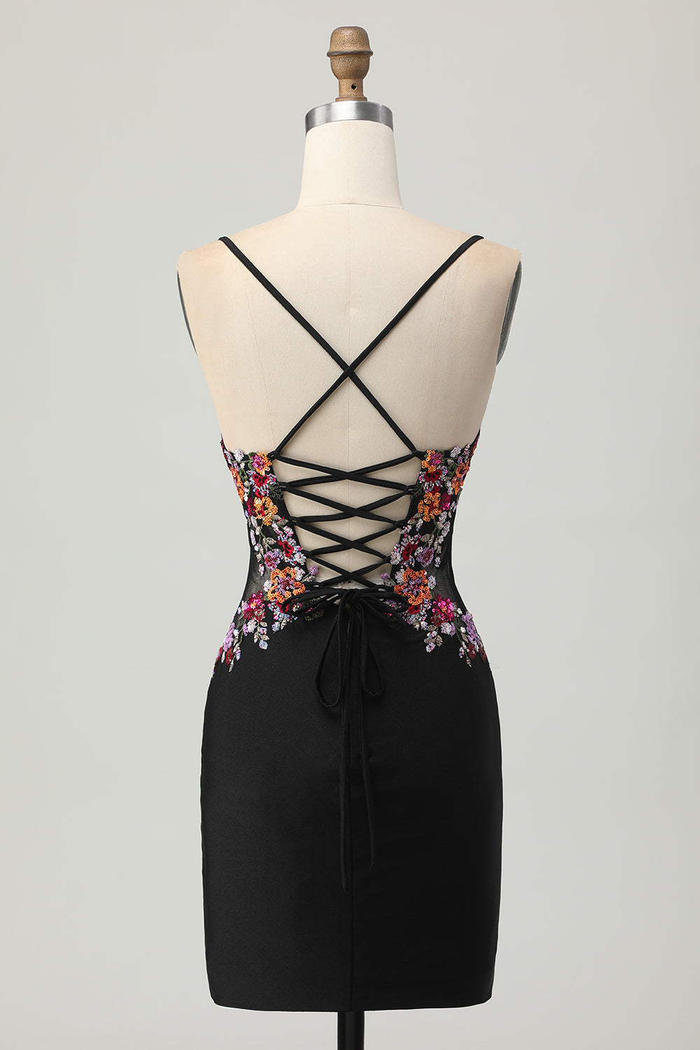 Floral Black Spaghetti Straps Tight Short Corset Homecoming Dress with Sequins