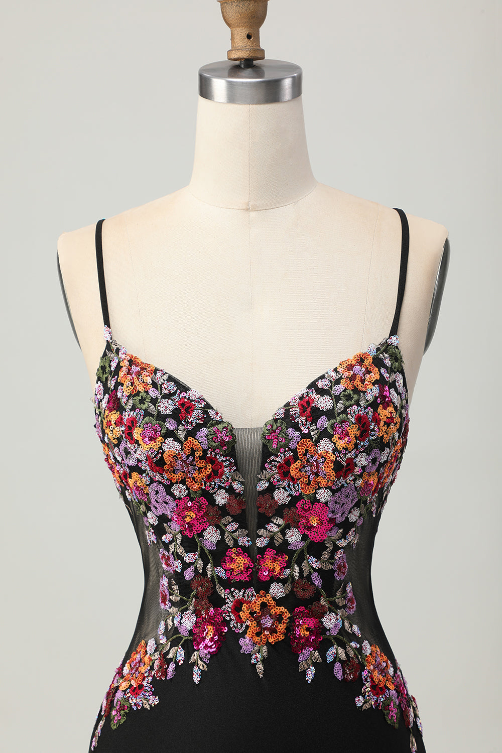Floral Black Spaghetti Straps Tight Short Corset Homecoming Dress with Sequins