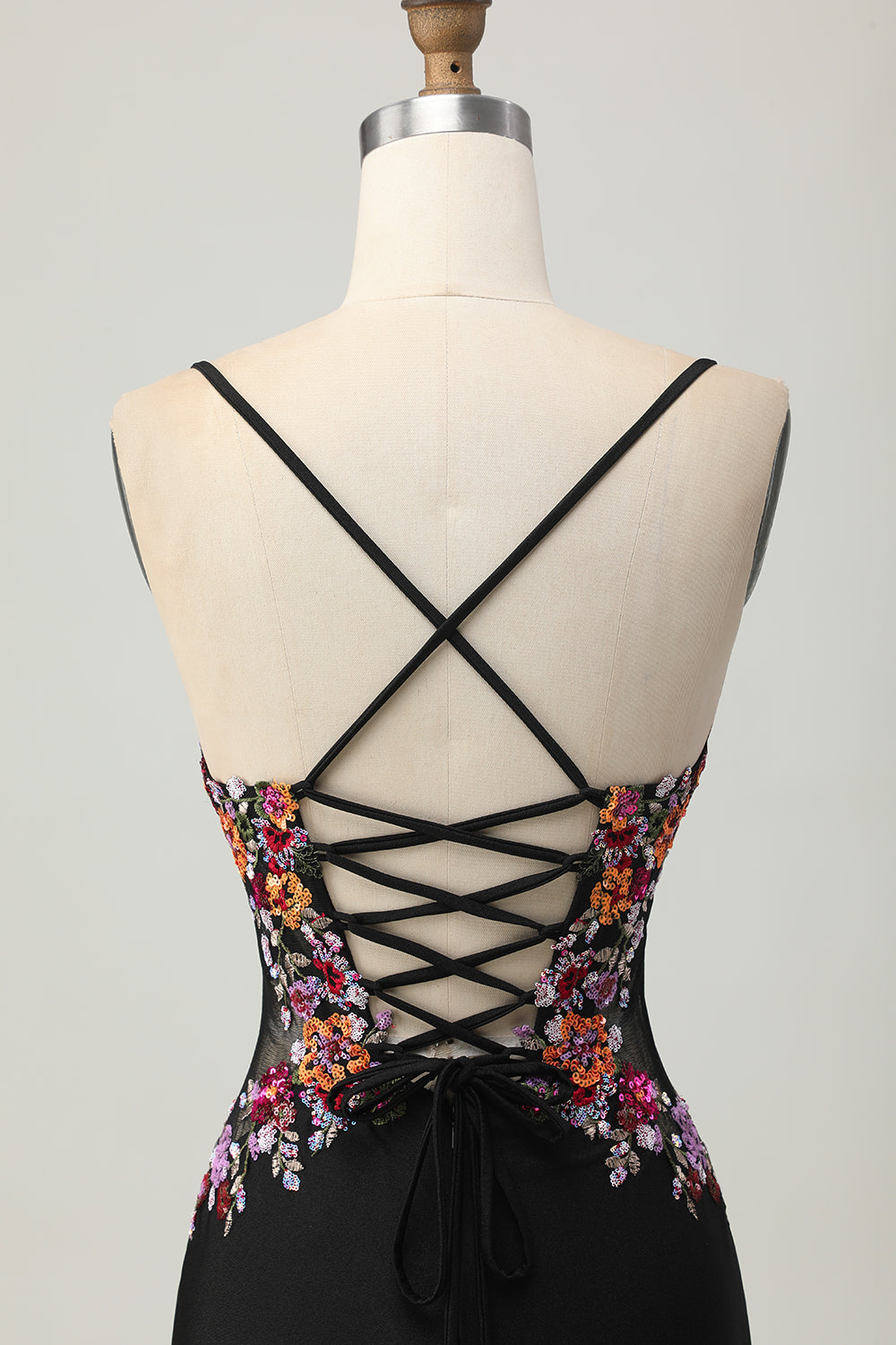 Floral Black Spaghetti Straps Tight Short Corset Homecoming Dress with Sequins