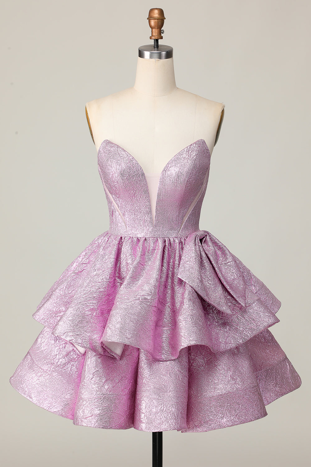 Metallic Light Purple A Line Strapless Ruffled Short Homecoming Dress with Bow
