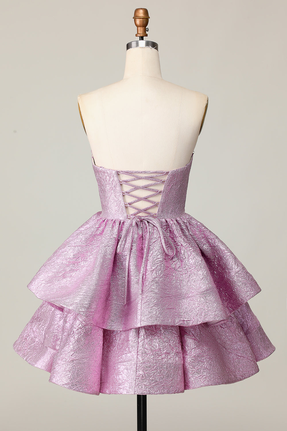 Metallic Light Purple A Line Strapless Ruffled Short Homecoming Dress with Bow