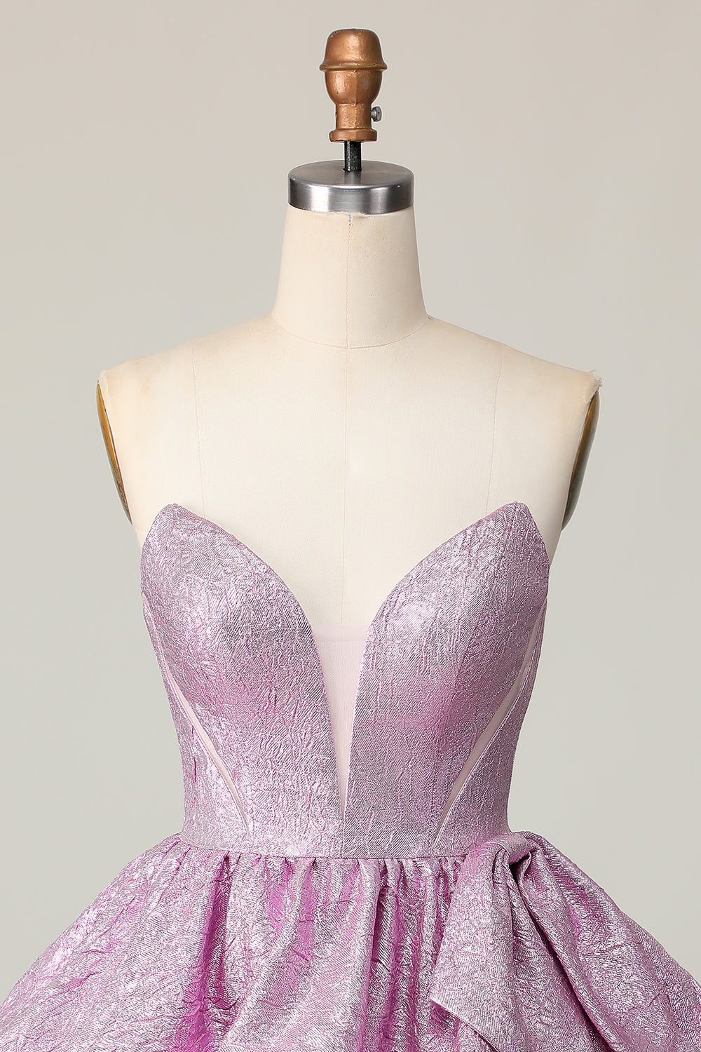 Metallic Light Purple A Line Strapless Ruffled Short Homecoming Dress with Bow