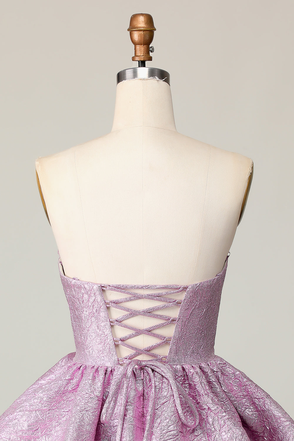 Metallic Light Purple A Line Strapless Ruffled Short Homecoming Dress with Bow
