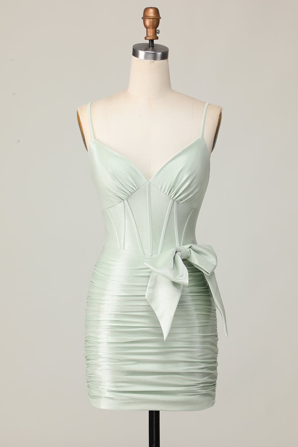 Tight Ruched Sage Corset Short Homecoming Dress with Bow