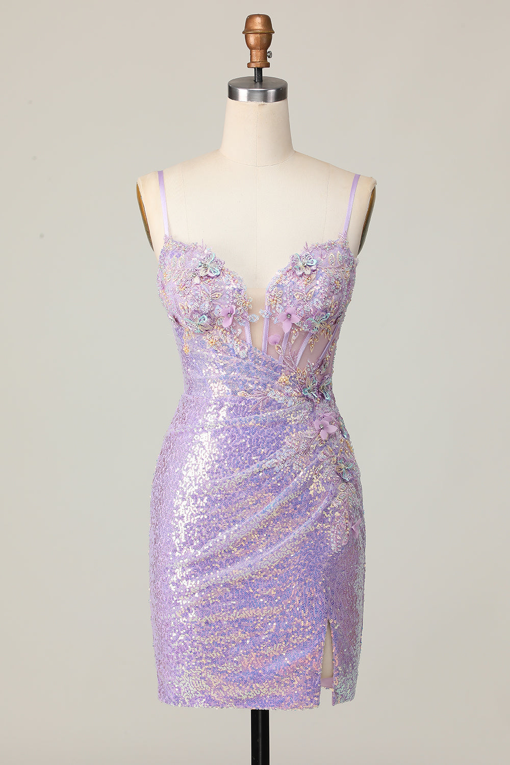 Lilac Corset Sparkly Sequined Tight Short Homecoming Dress with Applique