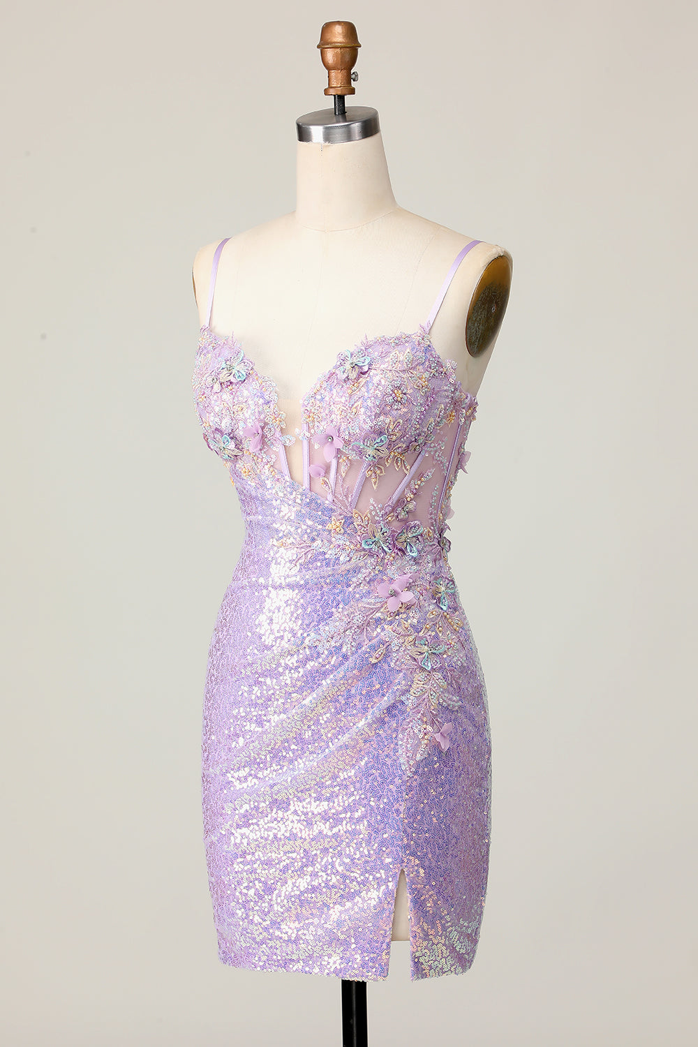 Lilac Corset Sparkly Sequined Tight Short Homecoming Dress with Applique