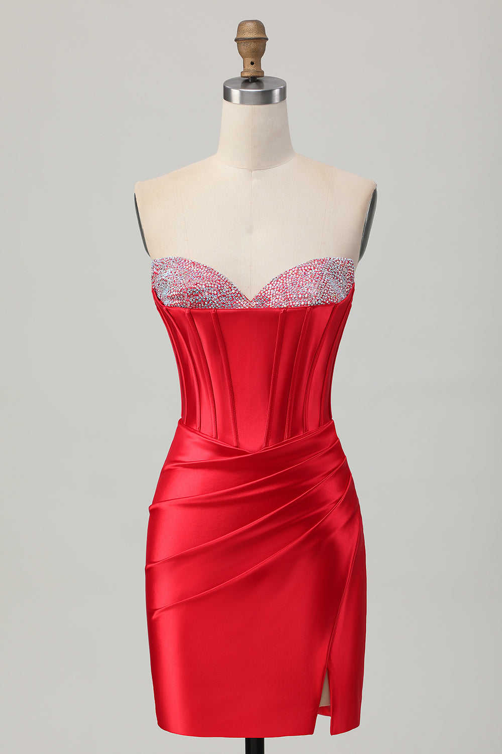 Satin Sweetheart Red Sparkly Beaded Short Corset Homecoming Dress with Slit