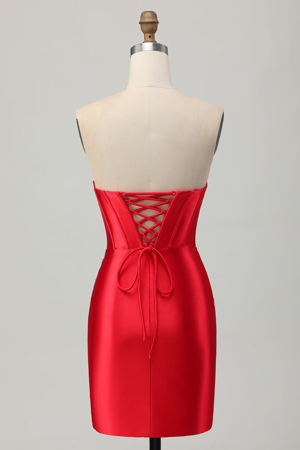 Satin Sweetheart Red Sparkly Beaded Short Corset Homecoming Dress with Slit