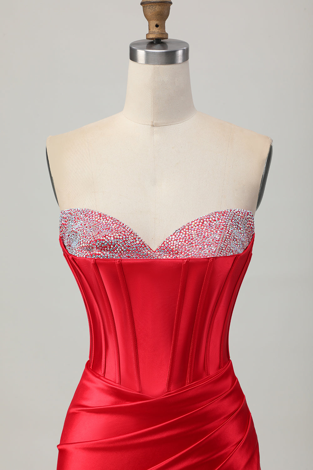 Satin Sweetheart Red Sparkly Beaded Short Corset Homecoming Dress with Slit