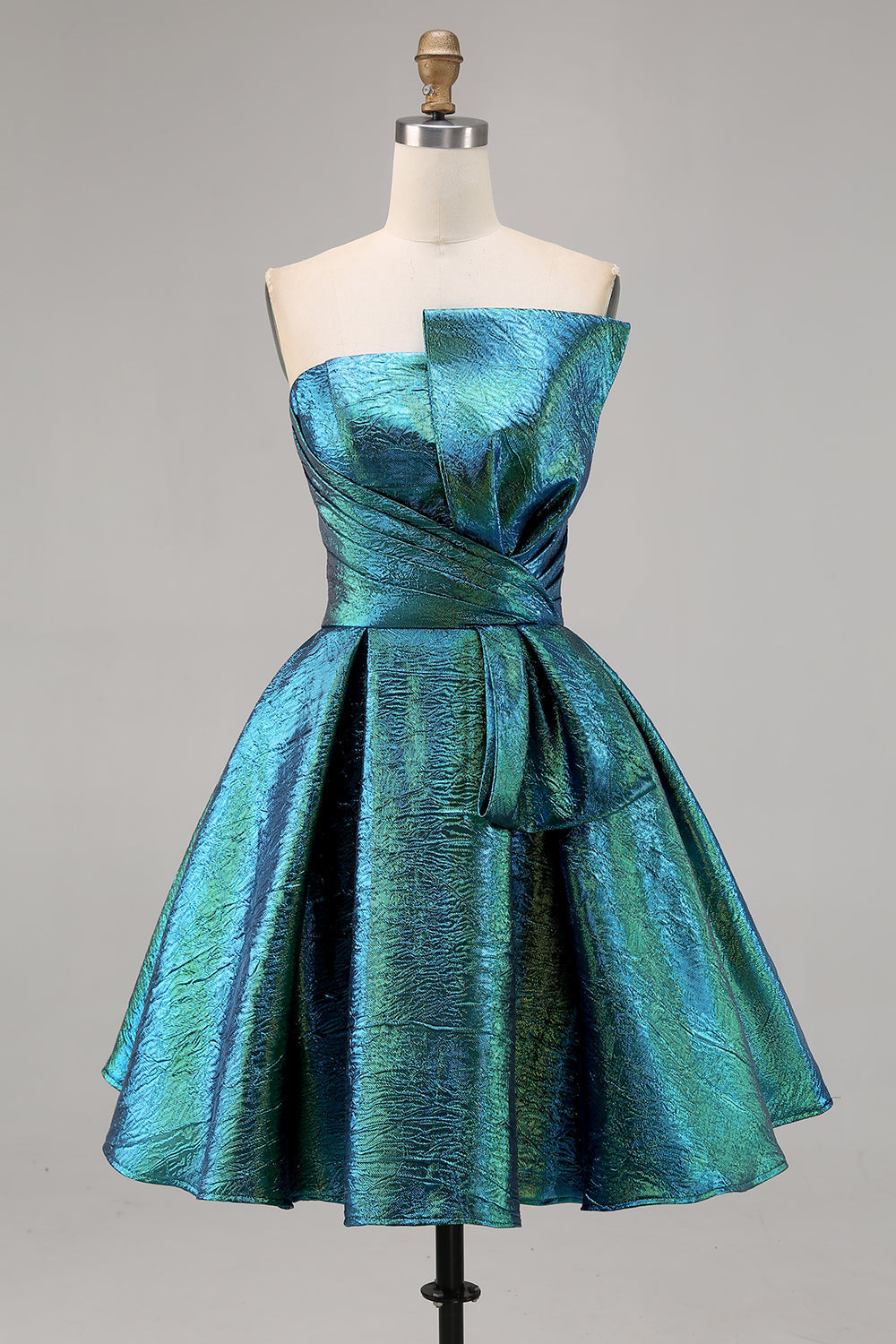 Metallic Peacock Green Strapless A Line Short Homecoming Dress