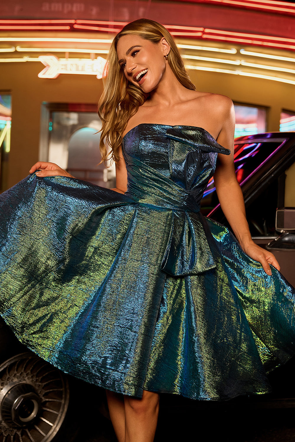 Metallic Peacock Green Strapless A Line Short Homecoming Dress