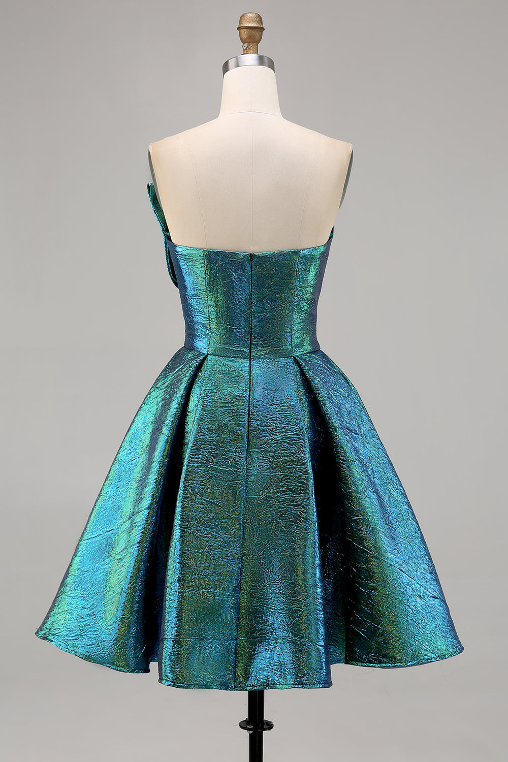 Metallic Peacock Green Strapless A Line Short Homecoming Dress