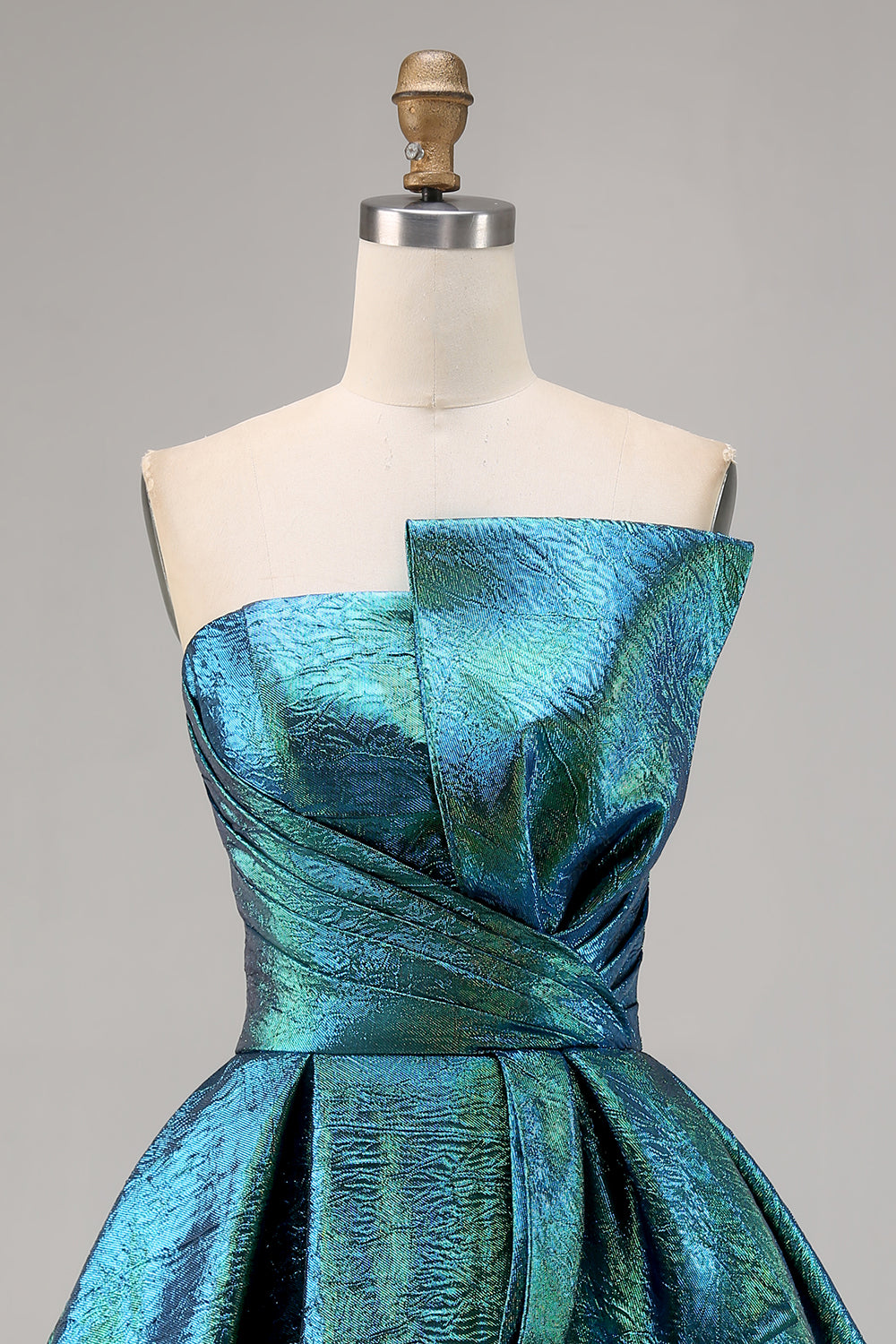 Metallic Peacock Green Strapless A Line Short Homecoming Dress