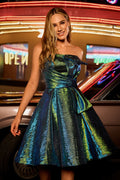 Metallic Peacock Green Strapless A Line Short Homecoming Dress