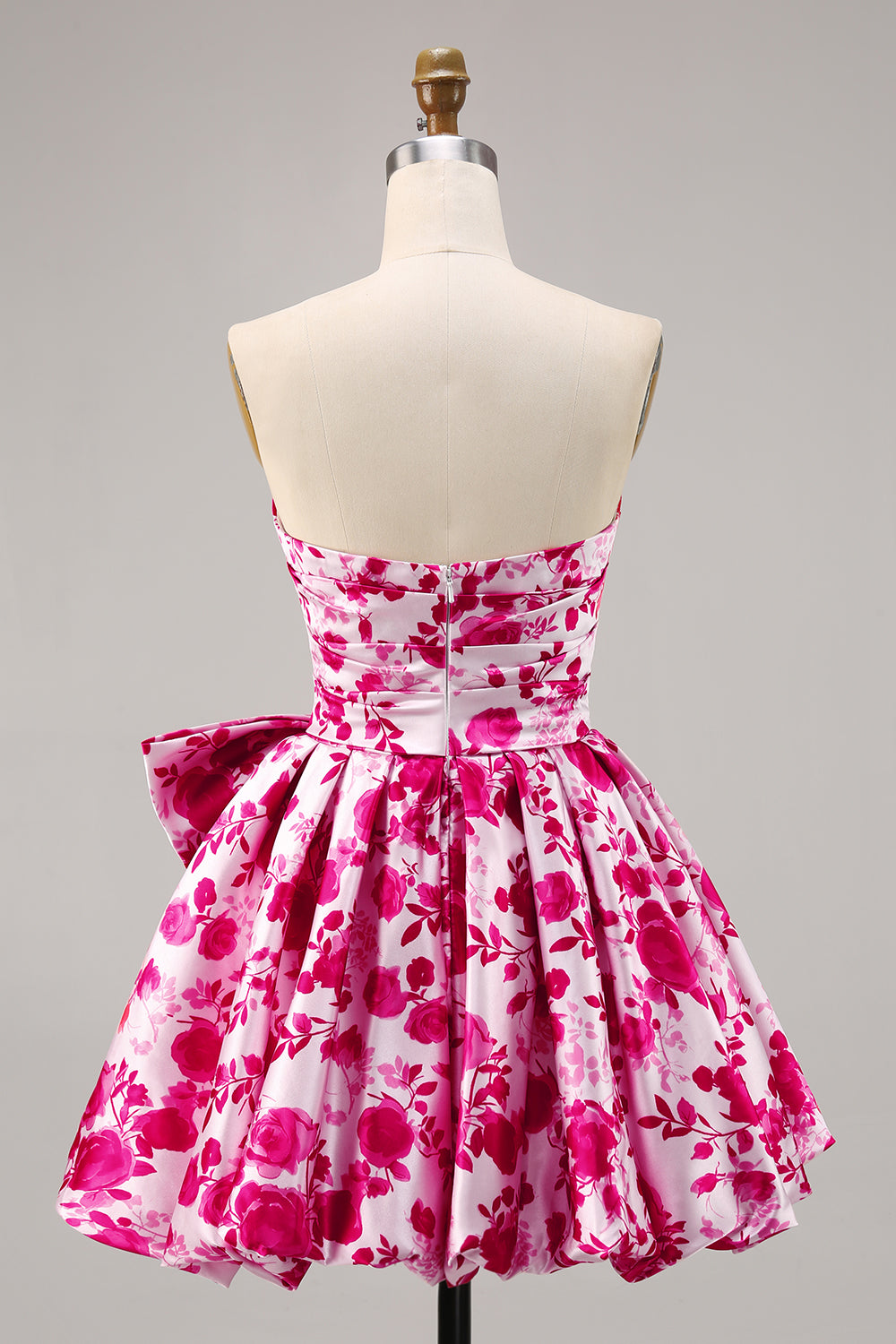 Fuchsia Floral Sweetheart Ruched A Line Short Homecoming Dress with Bow
