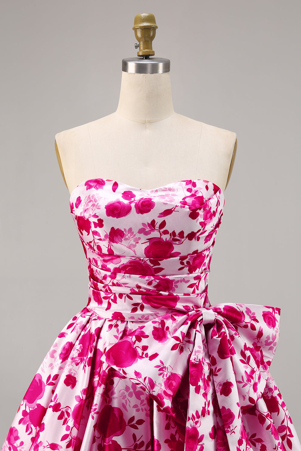 Fuchsia Floral Sweetheart Ruched A Line Short Homecoming Dress with Bow