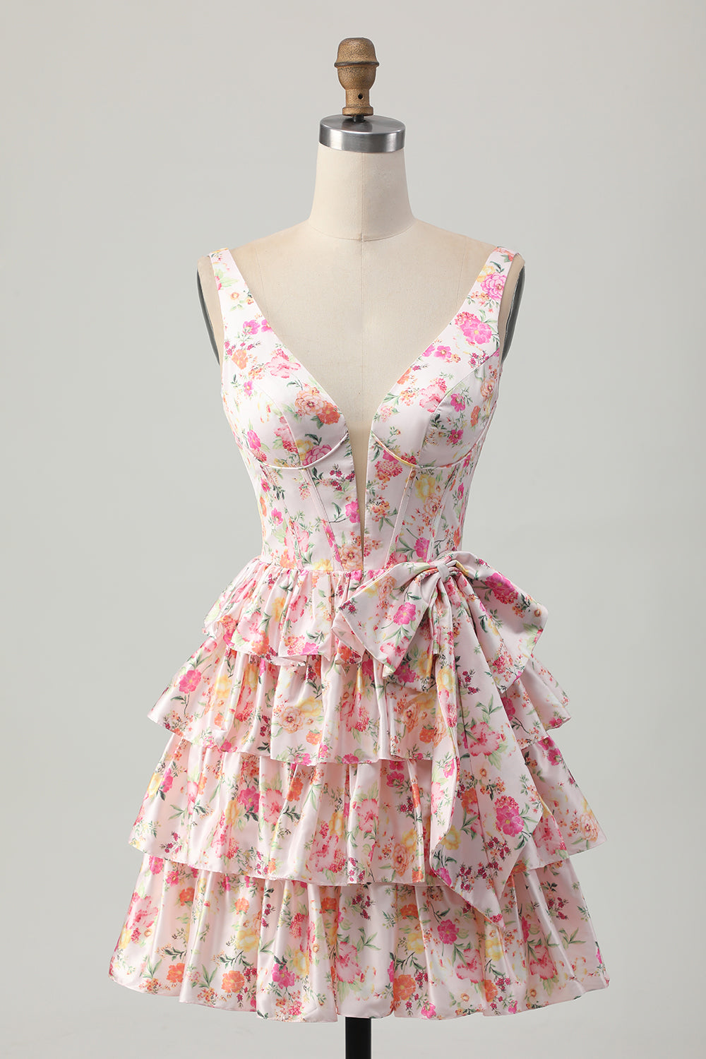 Pink Floral A Line V Neck Tiered Corset Short Homecoming Dress with Bow