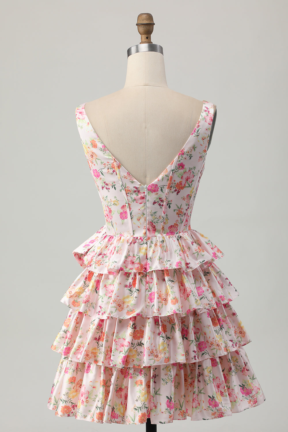 Pink Floral A Line V Neck Tiered Corset Short Homecoming Dress with Bow