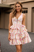 Pink Floral A Line V Neck Tiered Corset Short Homecoming Dress with Bow