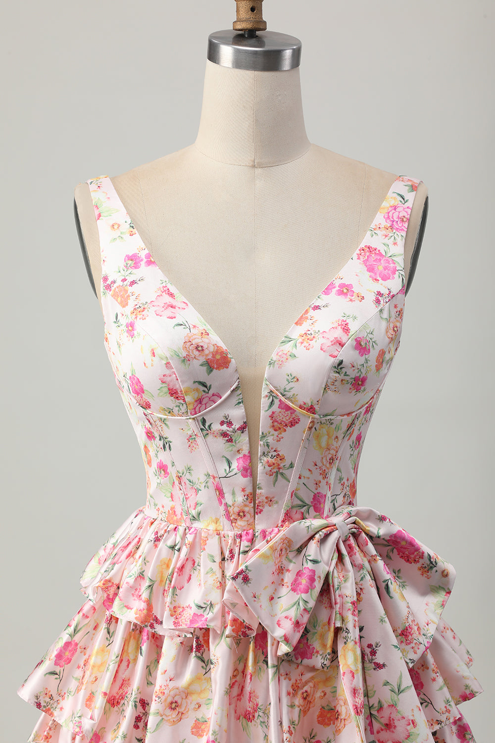 Pink Floral A Line V Neck Tiered Corset Short Homecoming Dress with Bow