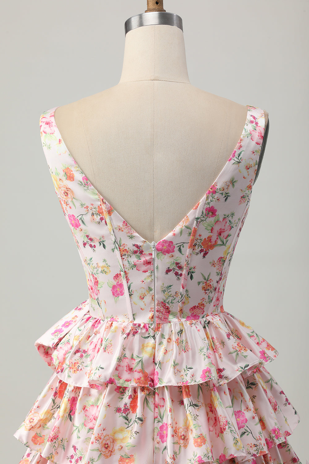 Pink Floral A Line V Neck Tiered Corset Short Homecoming Dress with Bow