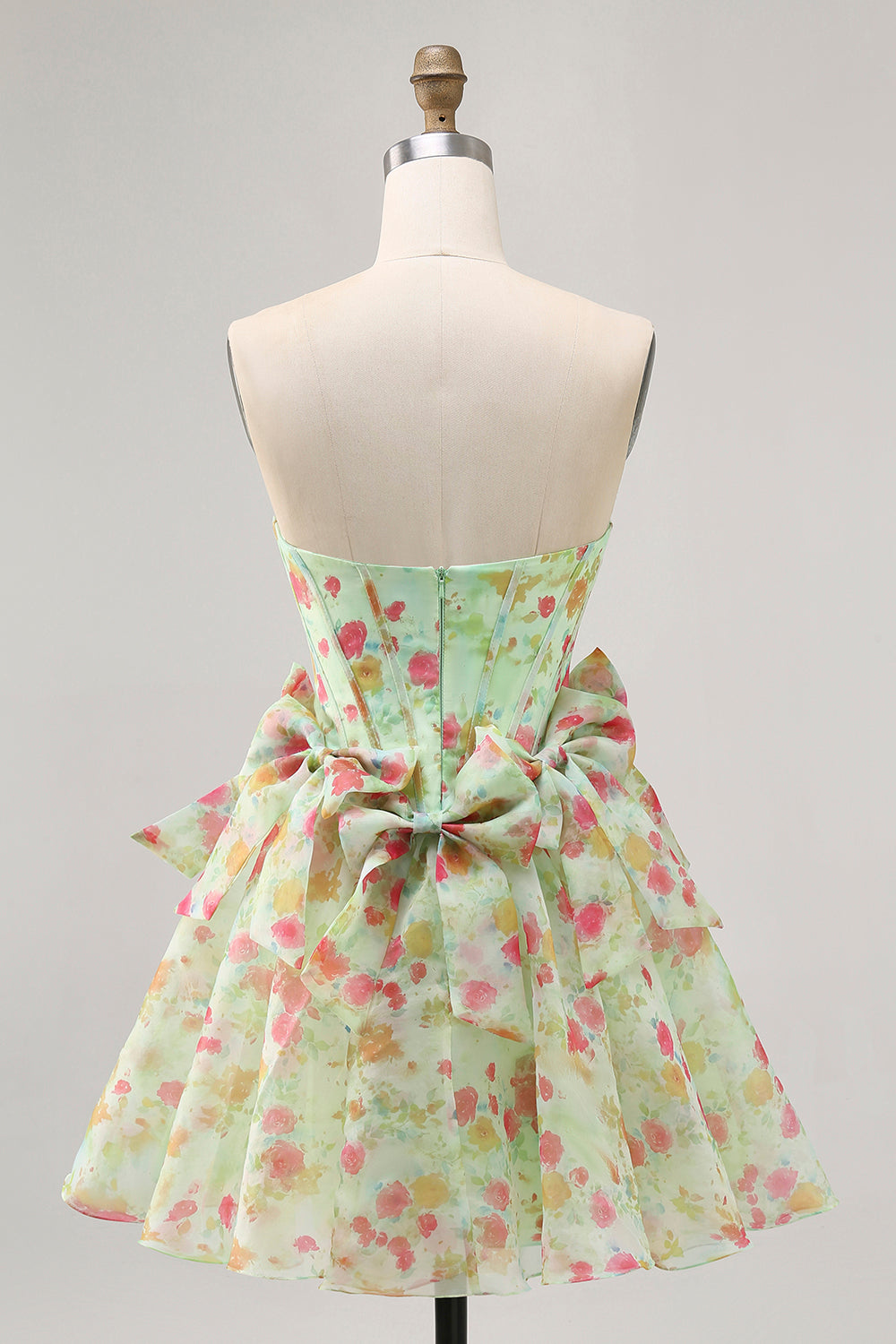 Green Floral A Line Short Corset Homecoming Dress with Bows