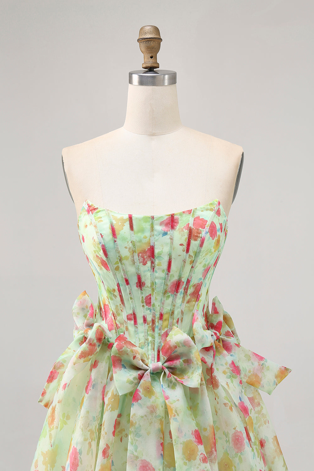 Green Floral A Line Short Corset Homecoming Dress with Bows
