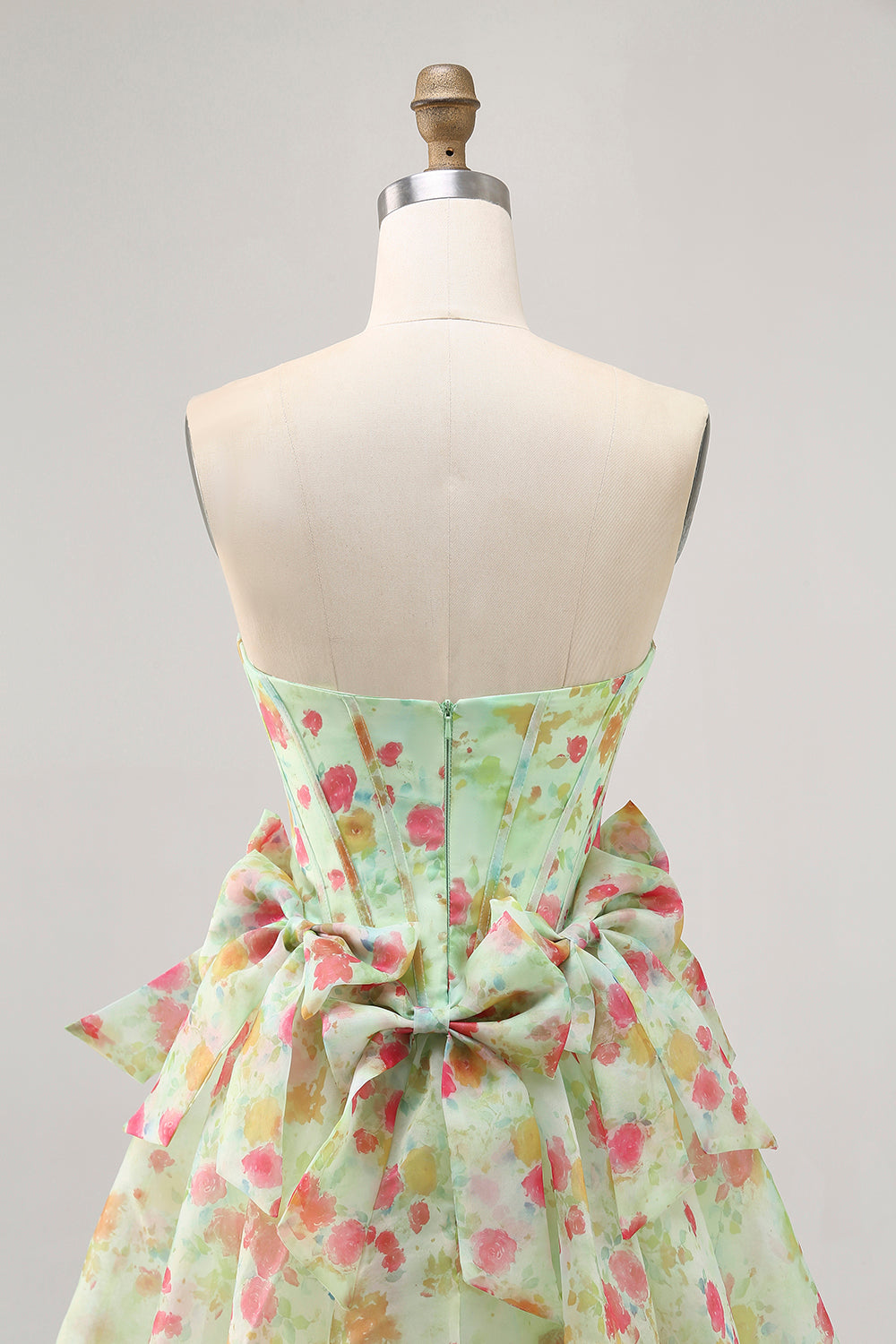 Green Floral A Line Short Corset Homecoming Dress with Bows