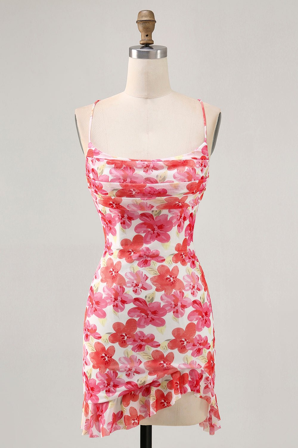 Red Floral Tight Short Spaghetti Straps Homecoming Dress with Ruffles
