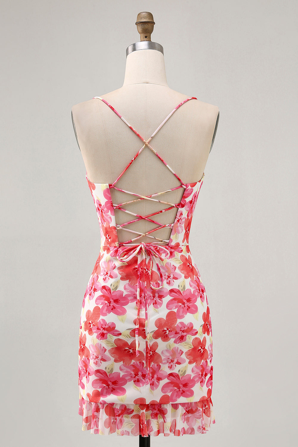 Red Floral Tight Short Spaghetti Straps Homecoming Dress with Ruffles