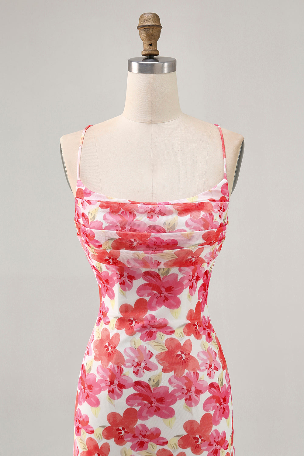 Red Floral Tight Short Spaghetti Straps Homecoming Dress with Ruffles