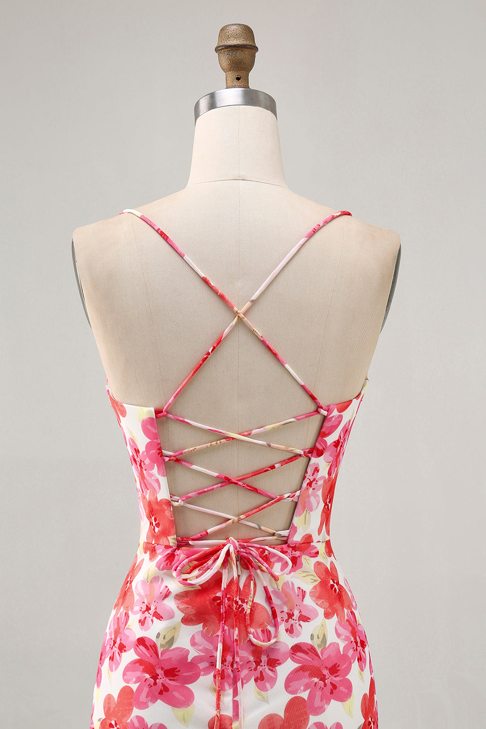 Red Floral Tight Short Spaghetti Straps Homecoming Dress with Ruffles