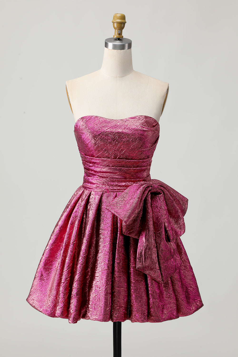 Metallic Short Dark Purple A Line Strapless Homecoming Dress with Bow