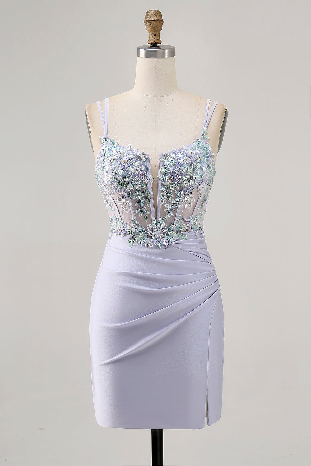 Tight Lavender Satin Floral Corset Short Homecoming Dress with Sequins