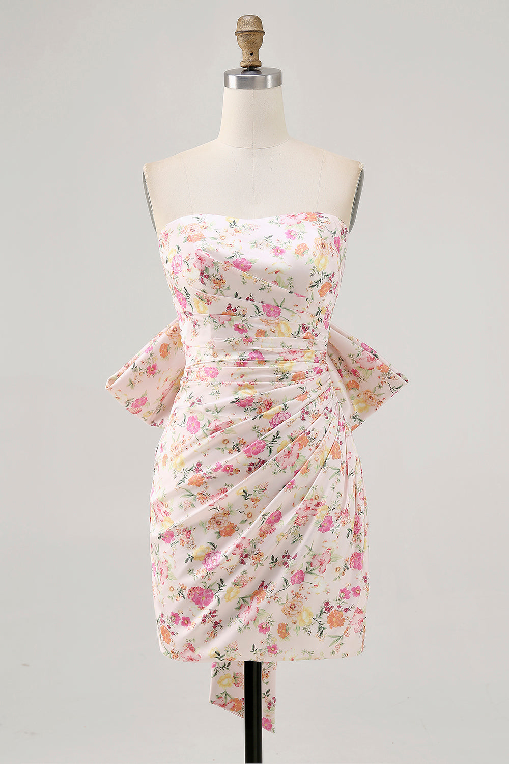 Tight Pink Floral Strapless Ruched Short Homecoming Dress with Bow
