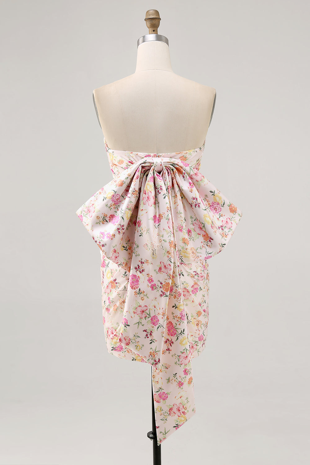 Tight Pink Floral Strapless Ruched Short Homecoming Dress with Bow